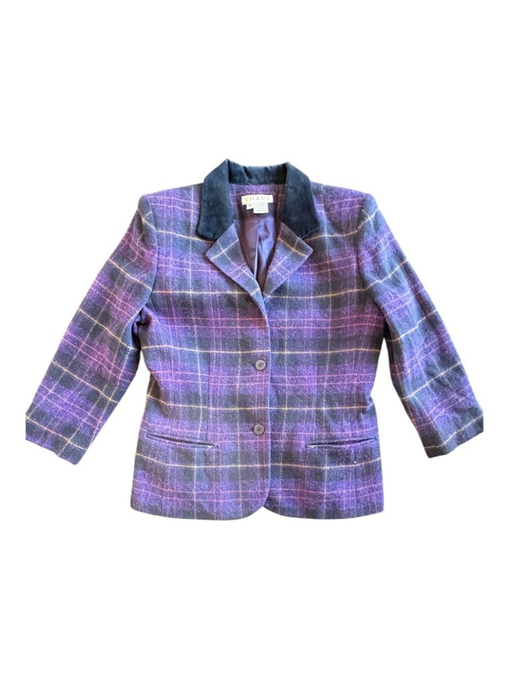 Vtg Equestrian Style Blazer Jacket 3/4 Sleeve Wool Blend Plaid Velvet Collar 10
